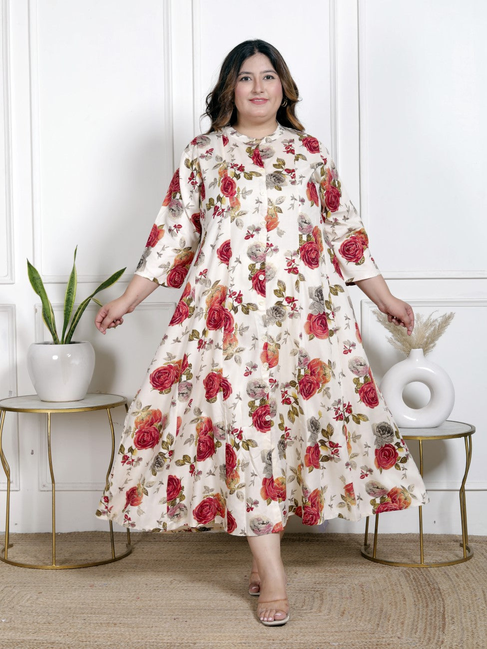 Plus Size Beige Cotton Blend  Goldn Print  Aline Kurta-4100056 Secondary image