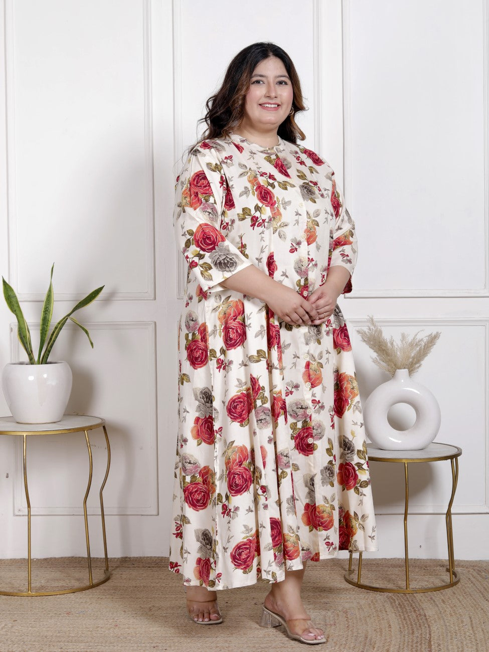 Plus Size Beige Cotton Blend  Goldn Print  Aline Kurta-4100056