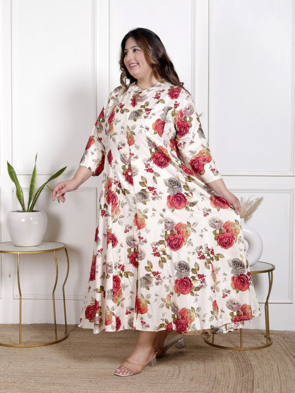 Plus Size Beige Cotton Blend  Goldn Print  Aline Kurta-4100056