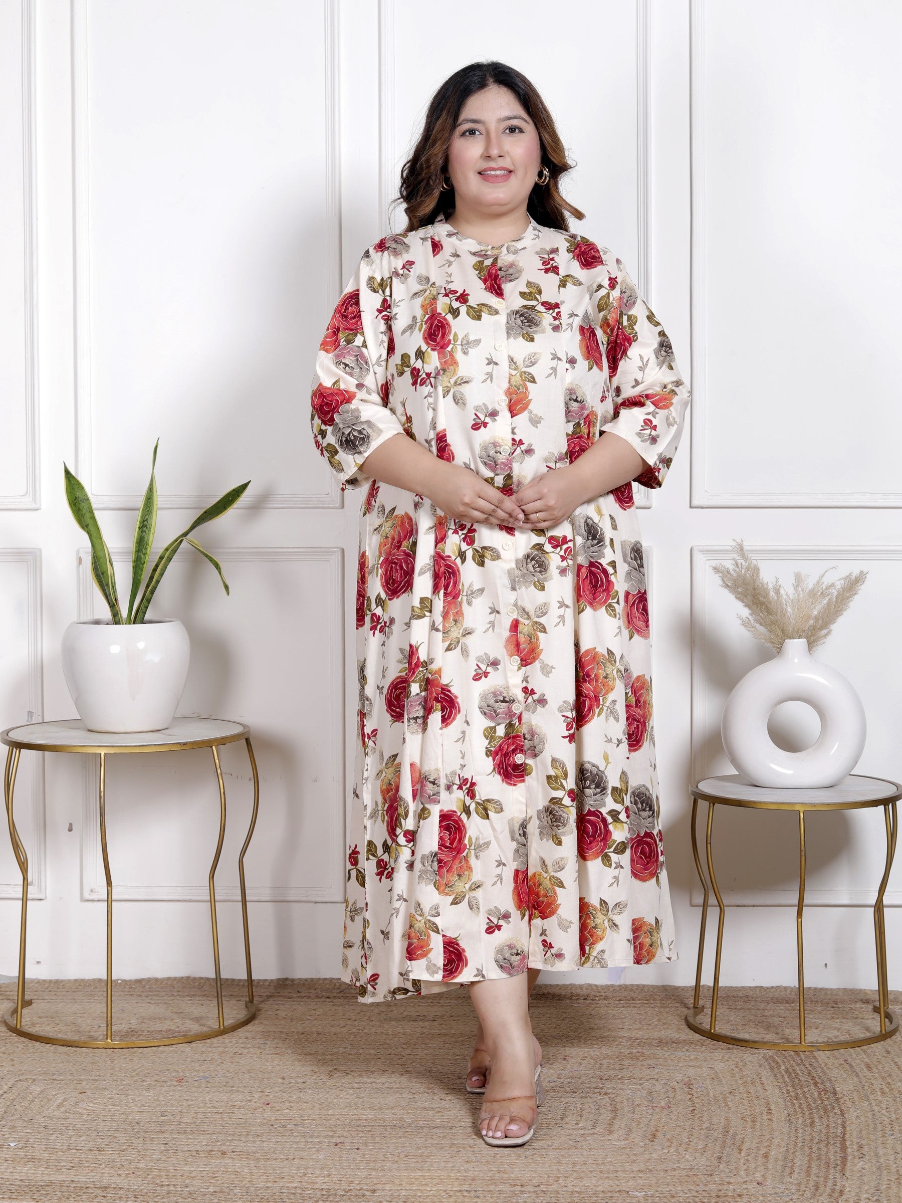 Plus Size Beige Cotton Blend  Goldn Print  Aline Kurta-4100056