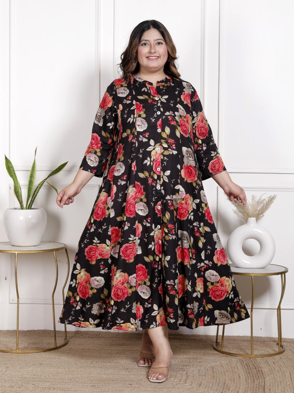 Plus Size Black Cotton Blend  Goldn Print  Aline Kurta-4100057 Secondary image