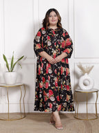 Plus Size Black Cotton Blend  Goldn Print  Aline Kurta-4100057