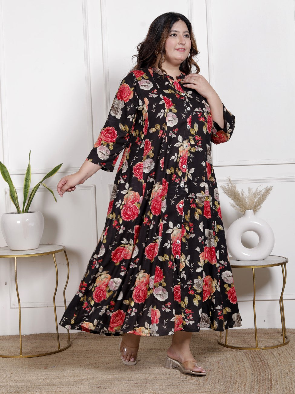 Plus Size Black Cotton Blend  Goldn Print  Aline Kurta-4100057