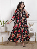 Plus Size Black Cotton Blend  Goldn Print  Aline Kurta-4100057
