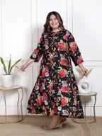 Plus Size Black Cotton Blend  Goldn Print  Aline Kurta-4100057