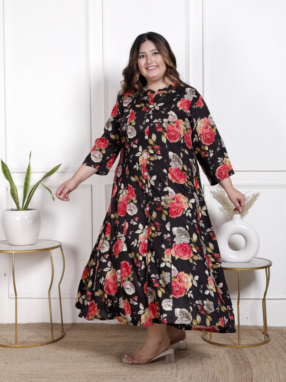 Plus Size Black Cotton Blend  Goldn Print  Aline Kurta-4100057