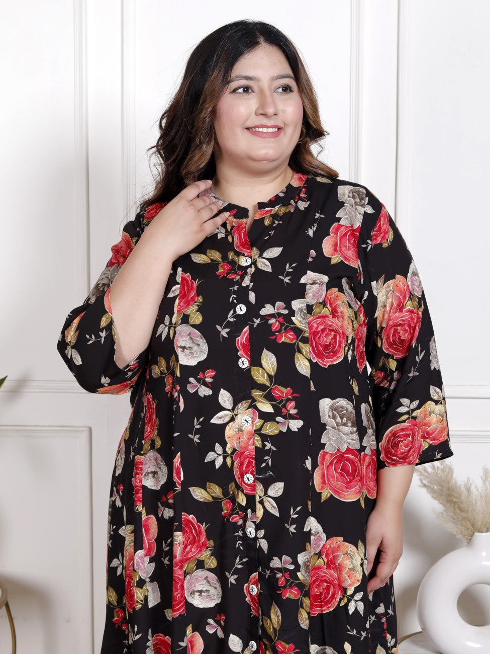 Plus Size Black Cotton Blend  Goldn Print  Aline Kurta-4100057
