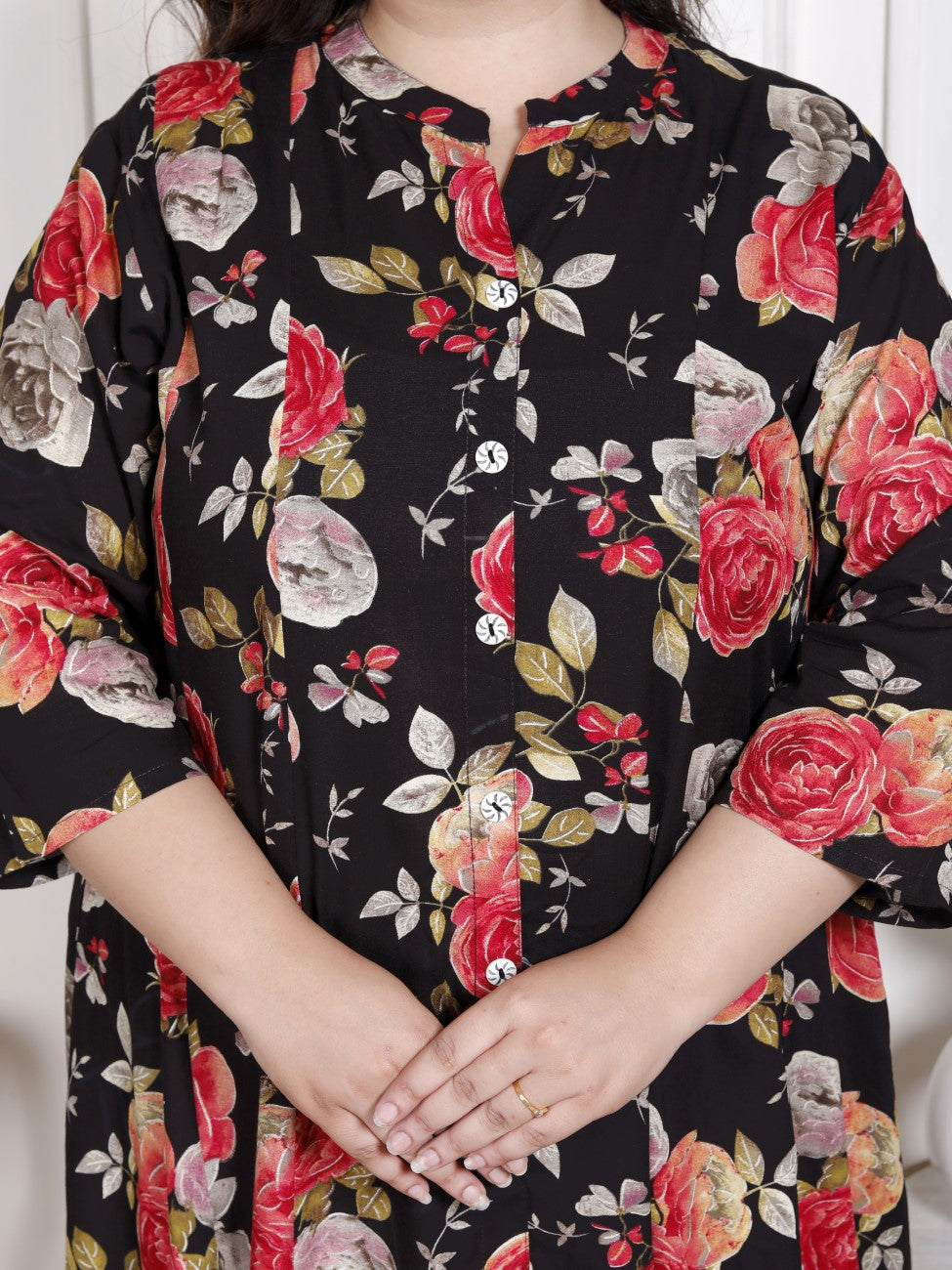 Plus Size Black Cotton Blend  Goldn Print  Aline Kurta-4100057