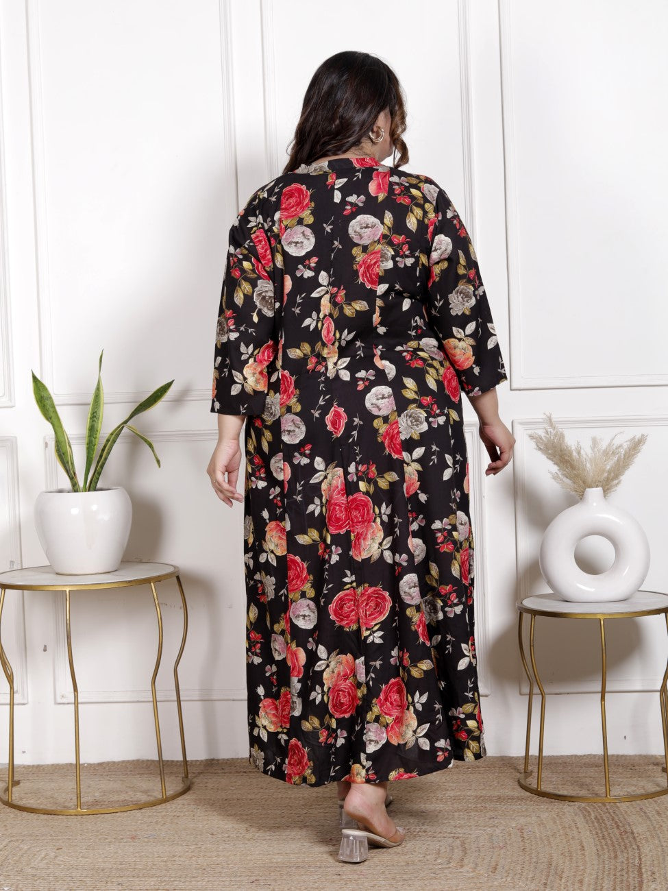 Plus Size Black Cotton Blend  Goldn Print  Aline Kurta-4100057