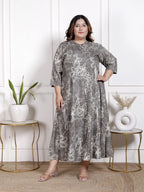 Plus Size Grey Cotton Blend  Goldn Print  Aline Kurta-4100058