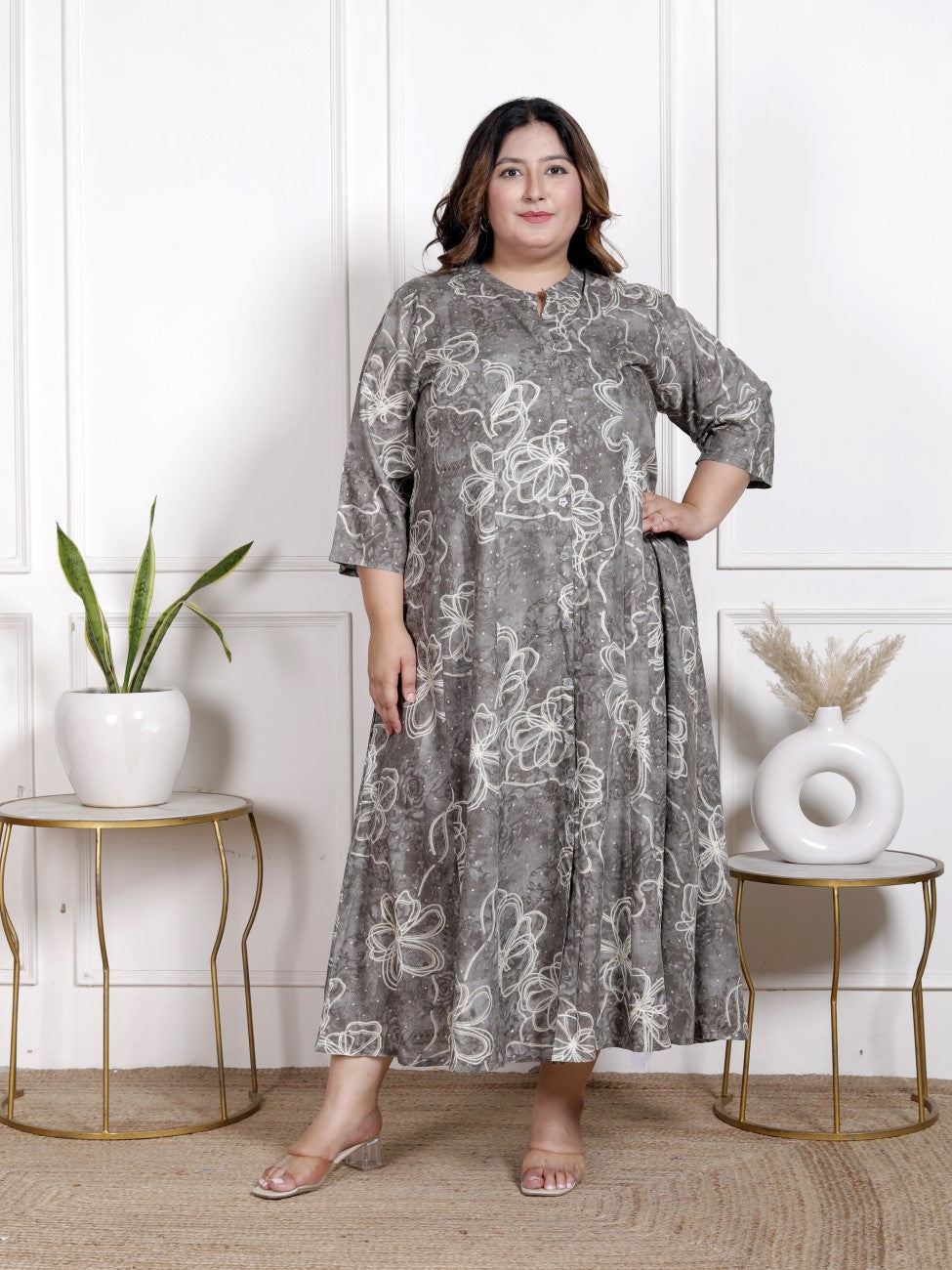 Plus Size Grey Cotton Blend  Goldn Print  Aline Kurta-4100058