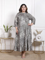 Plus Size Grey Cotton Blend  Goldn Print  Aline Kurta-4100058