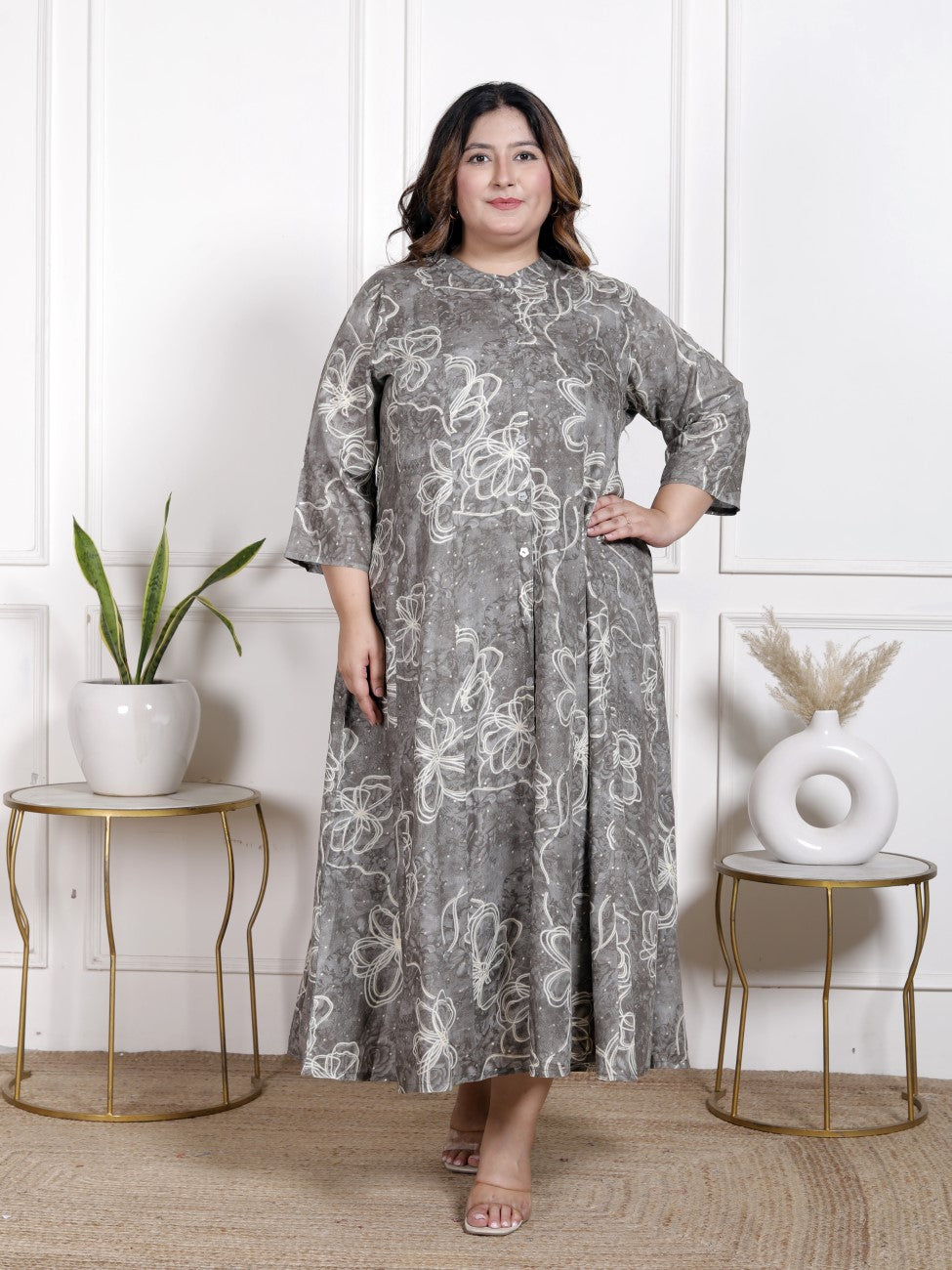 Plus Size Grey Cotton Blend  Goldn Print  Aline Kurta-4100058