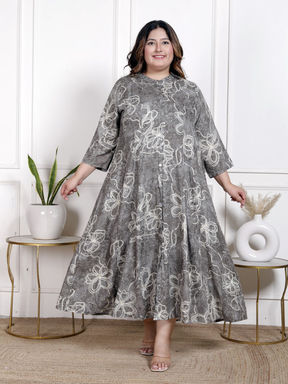 Plus Size Grey Cotton Blend  Goldn Print  Aline Kurta-4100058 Main image