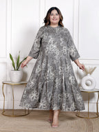 Plus Size Grey Cotton Blend  Goldn Print  Aline Kurta-4100058