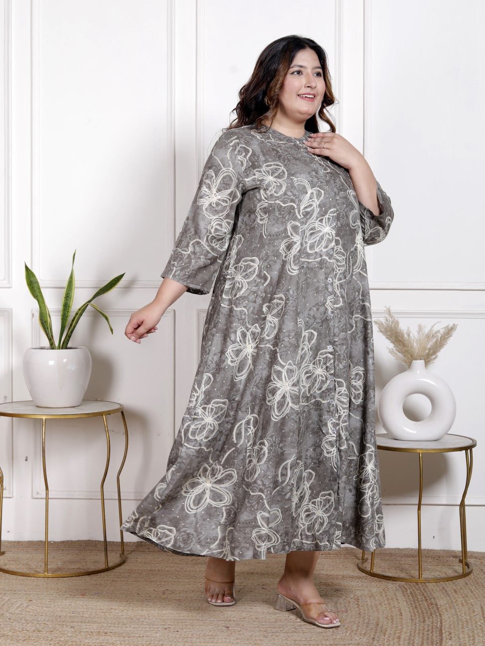 Plus Size Grey Cotton Blend  Goldn Print  Aline Kurta-4100058