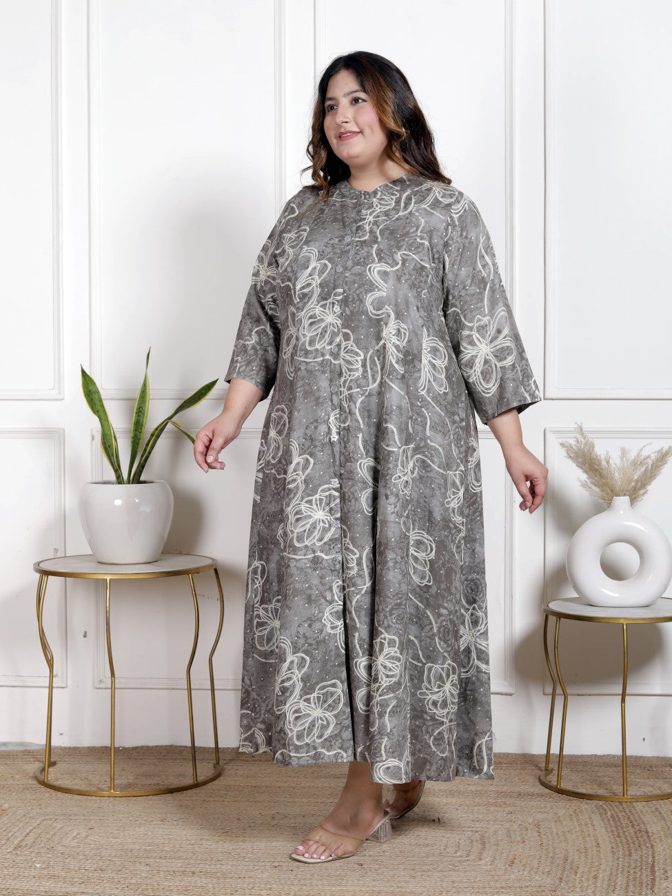 Plus Size Grey Cotton Blend  Goldn Print  Aline Kurta-4100058