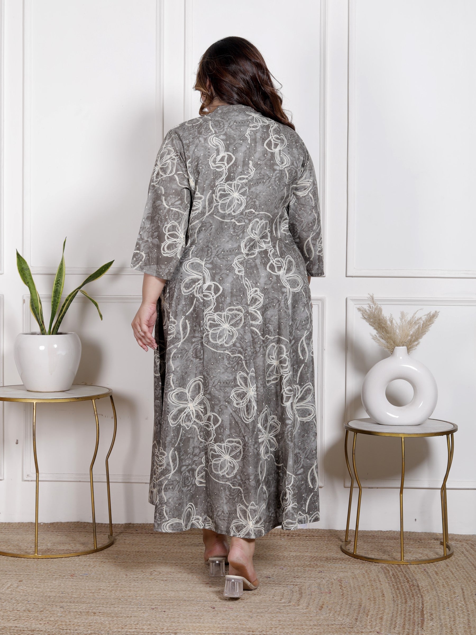 Plus Size Grey Cotton Blend  Goldn Print  Aline Kurta-4100058
