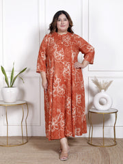 Plus Size Orange Cotton Blend  Goldn Print  Aline Kurta-4100059
