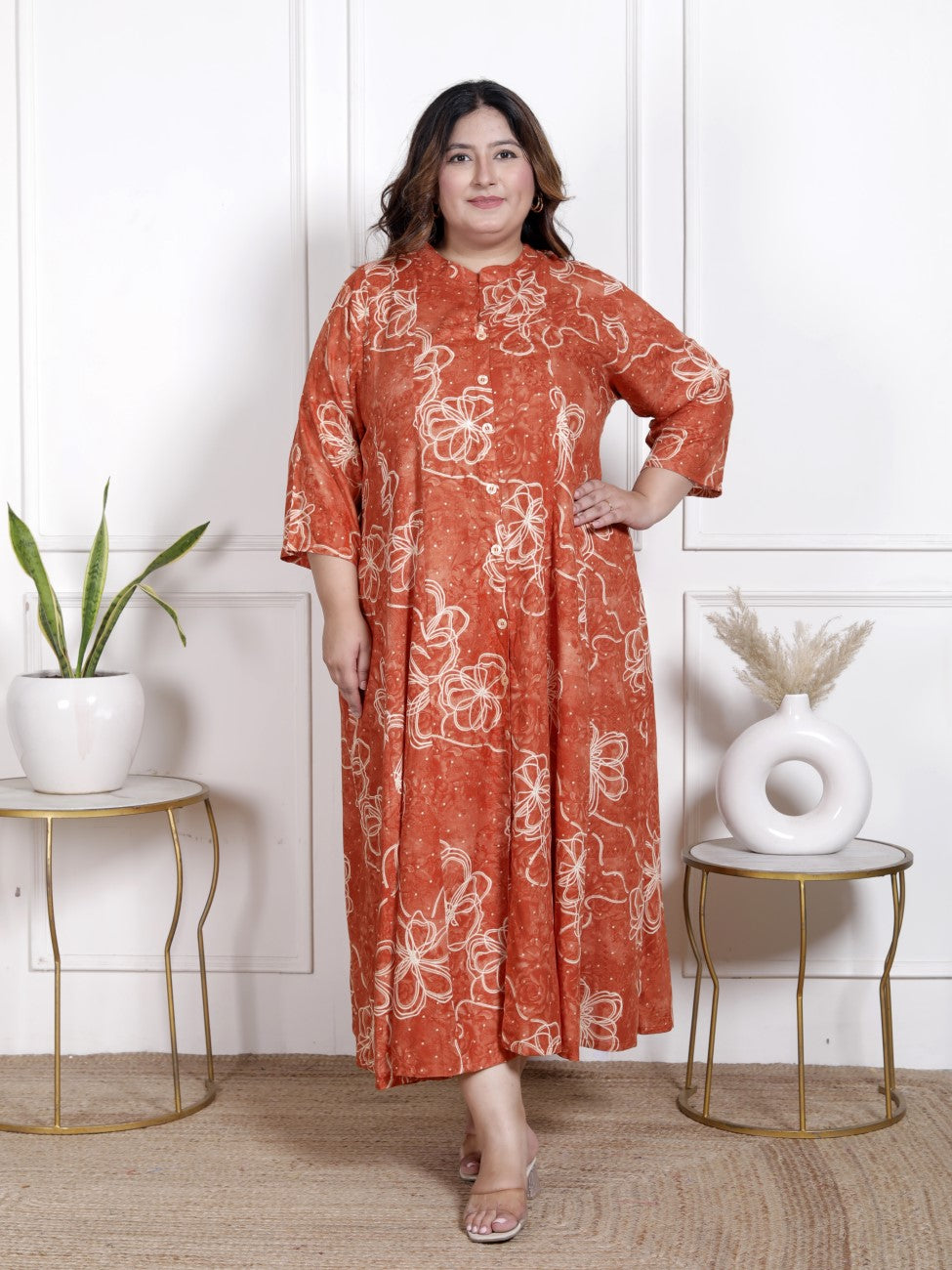 Plus Size Orange Cotton Blend  Goldn Print  Aline Kurta-4100059 Secondary image