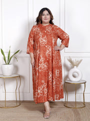 Plus Size Orange Cotton Blend  Goldn Print  Aline Kurta-4100059