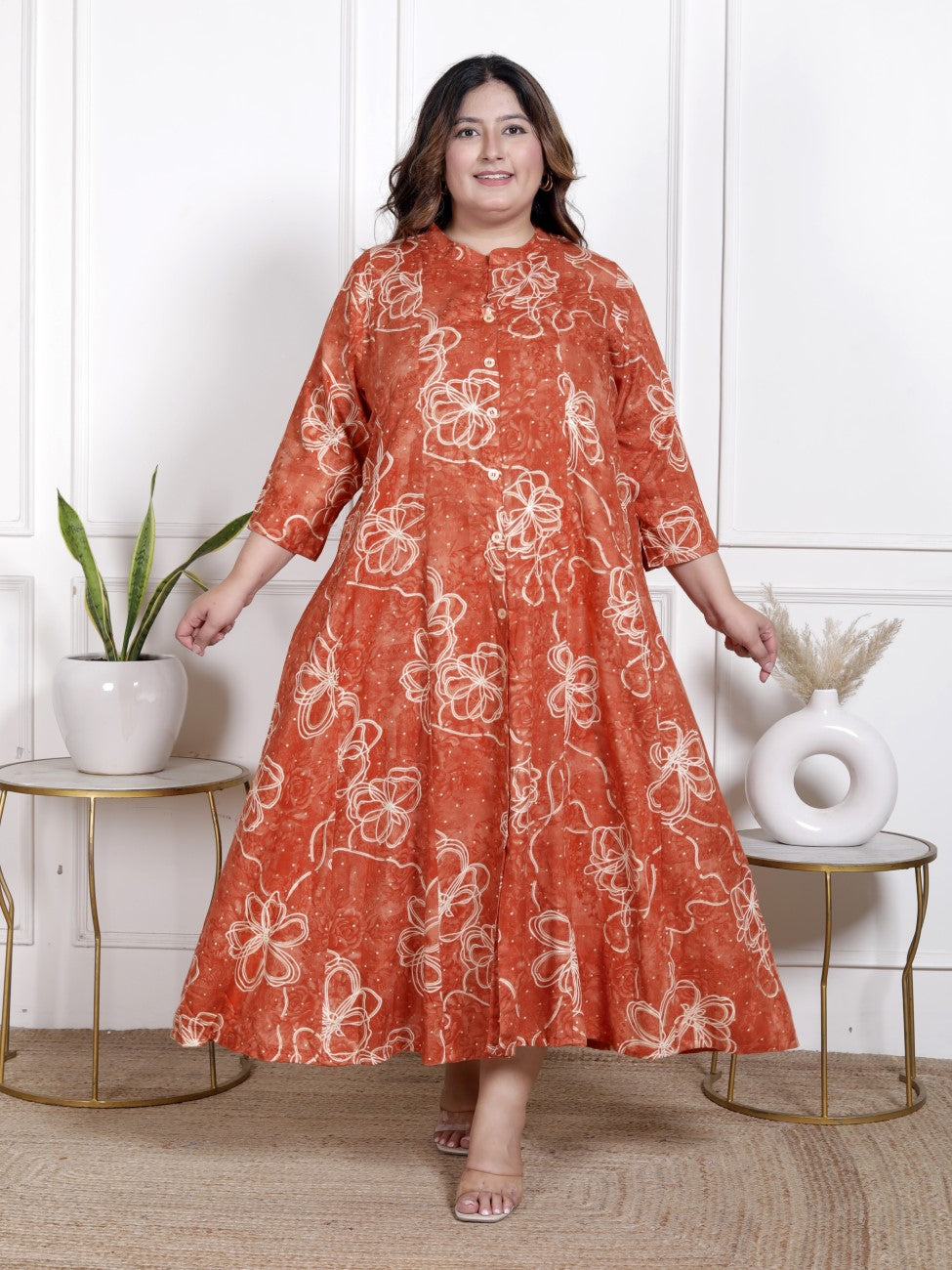 Plus Size Orange Cotton Blend  Goldn Print  Aline Kurta-4100059
