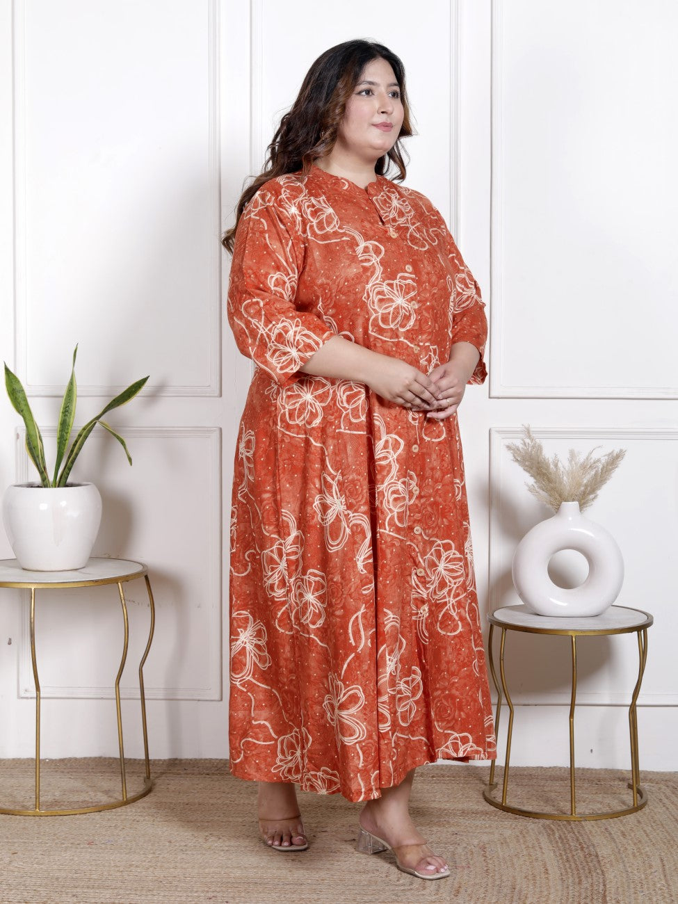 Plus Size Orange Cotton Blend  Goldn Print  Aline Kurta-4100059