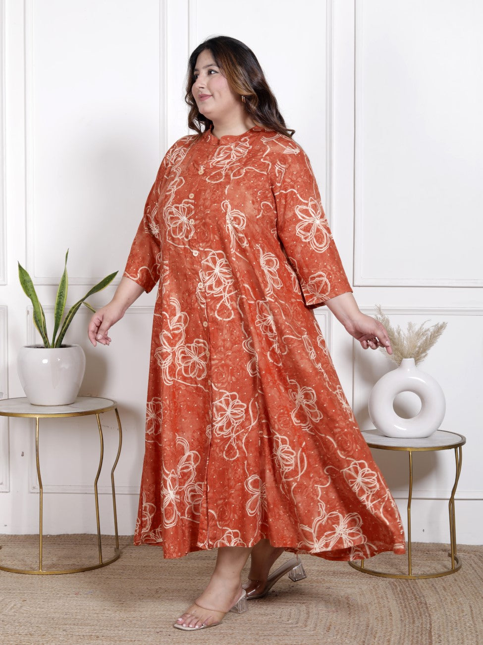 Plus Size Orange Cotton Blend  Goldn Print  Aline Kurta-4100059
