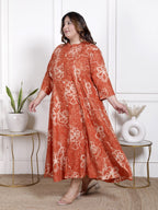 Plus Size Orange Cotton Blend  Goldn Print  Aline Kurta-4100059