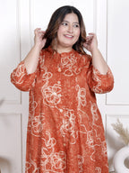 Plus Size Orange Cotton Blend  Goldn Print  Aline Kurta-4100059