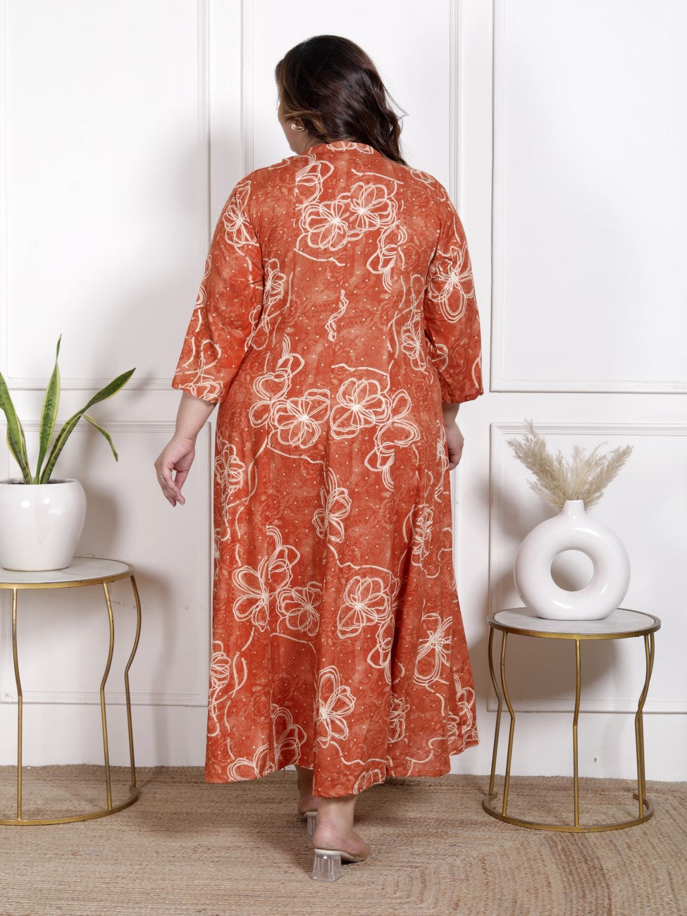 Plus Size Orange Cotton Blend  Goldn Print  Aline Kurta-4100059