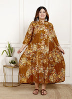 Plus Size Mustard Cotton Blend  Goldn Print  Aline Kurta-4100060
