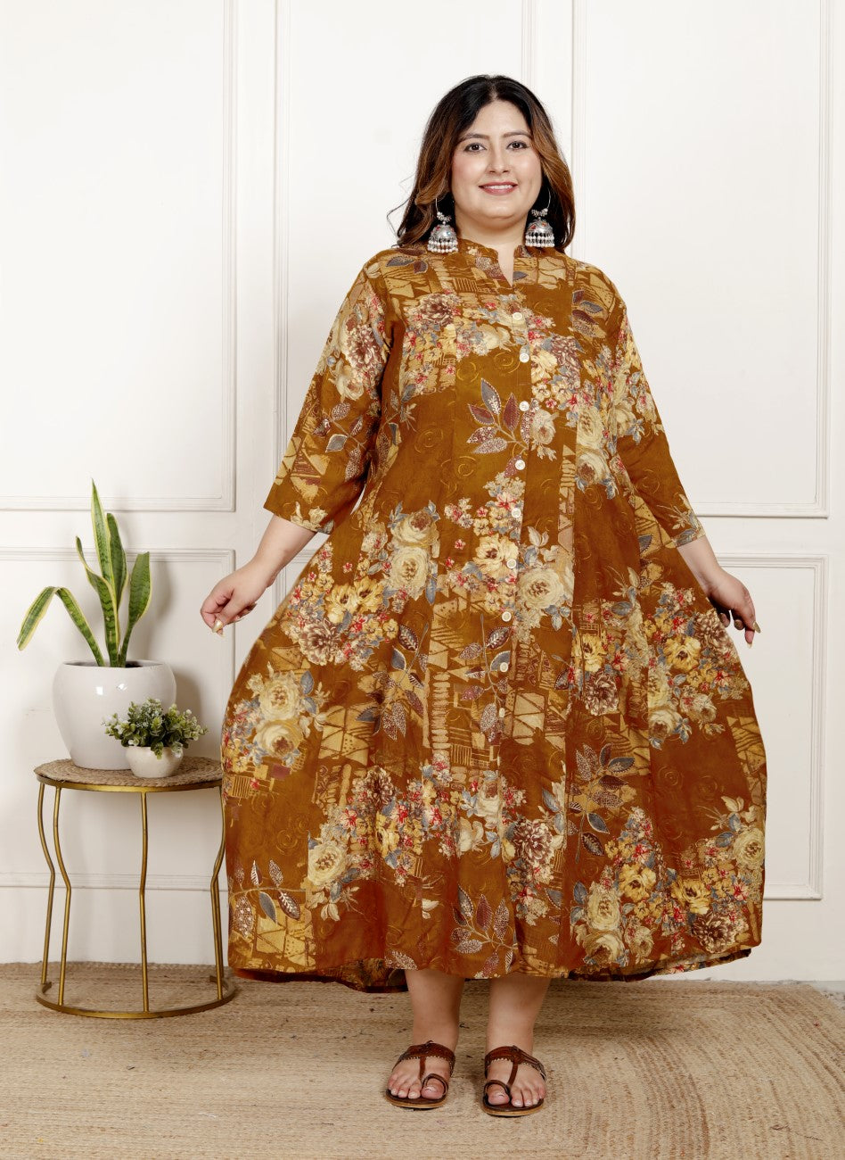 Plus Size Mustard Cotton Blend  Goldn Print  Aline Kurta-4100060
