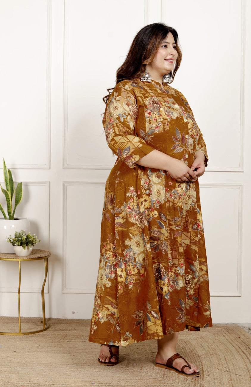 Plus Size Mustard Cotton Blend  Goldn Print  Aline Kurta-4100060