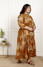 Plus Size Mustard Cotton Blend  Goldn Print  Aline Kurta-4100060