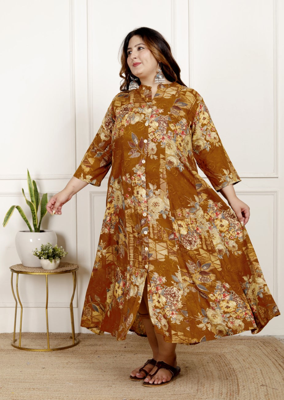 Plus Size Mustard Cotton Blend  Goldn Print  Aline Kurta-4100060