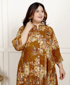 Plus Size Mustard Cotton Blend  Goldn Print  Aline Kurta-4100060