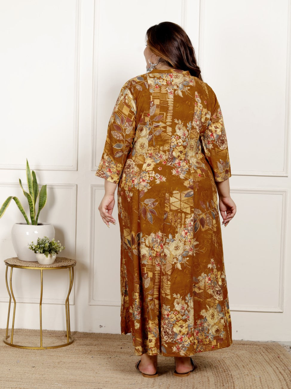Plus Size Mustard Cotton Blend  Goldn Print  Aline Kurta-4100060