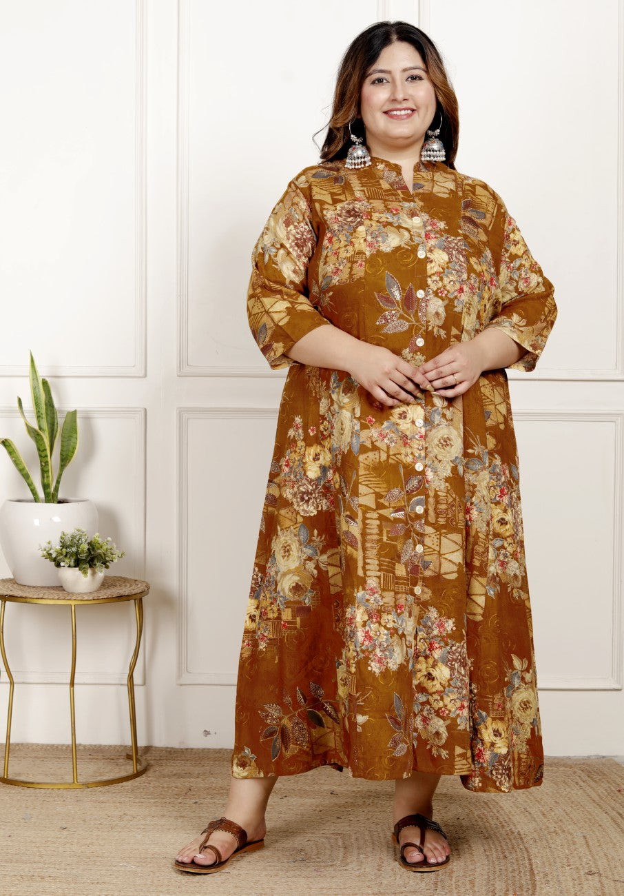 Plus Size Mustard Cotton Blend  Goldn Print  Aline Kurta-4100060
