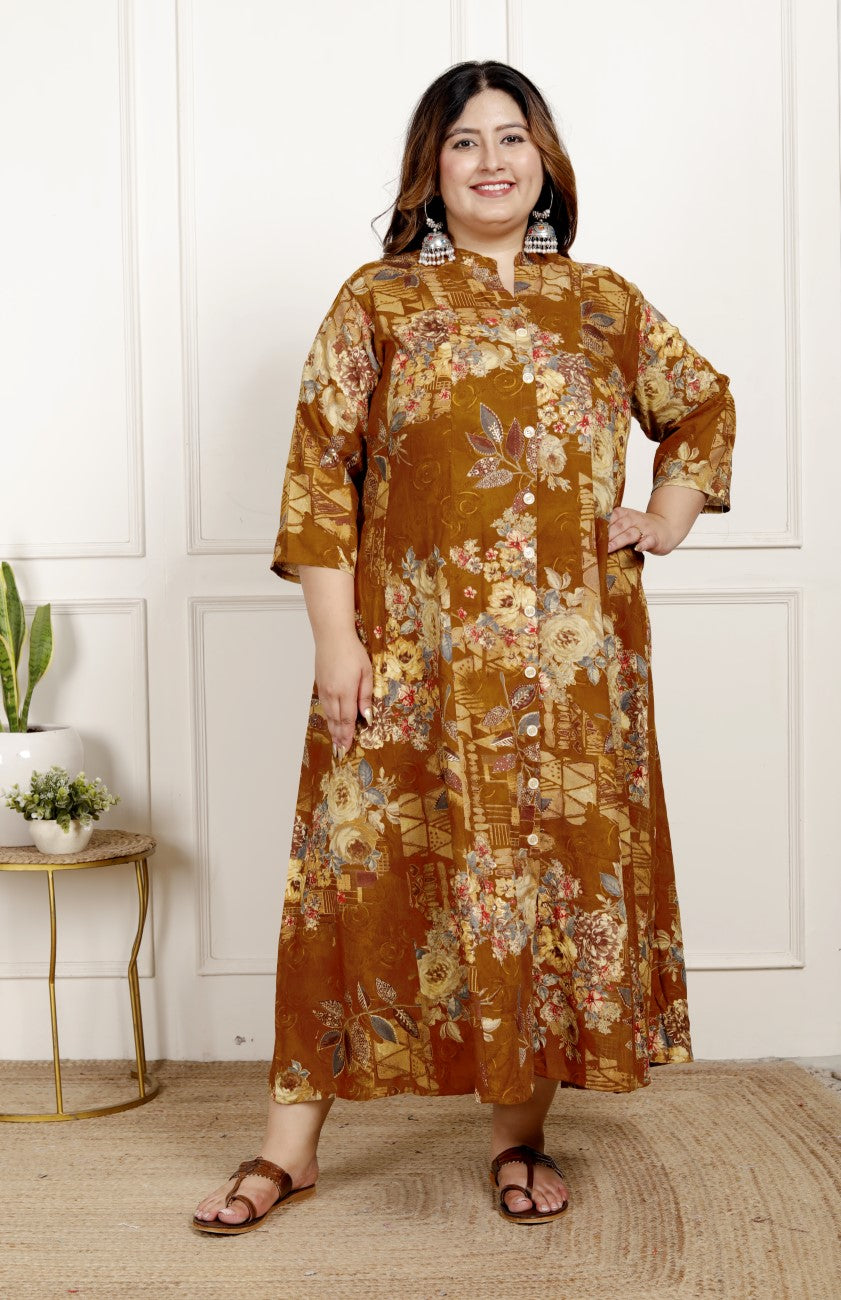 Plus Size Mustard Cotton Blend  Goldn Print  Aline Kurta-4100060