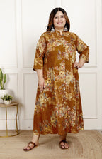 Plus Size Mustard Cotton Blend  Goldn Print  Aline Kurta-4100060