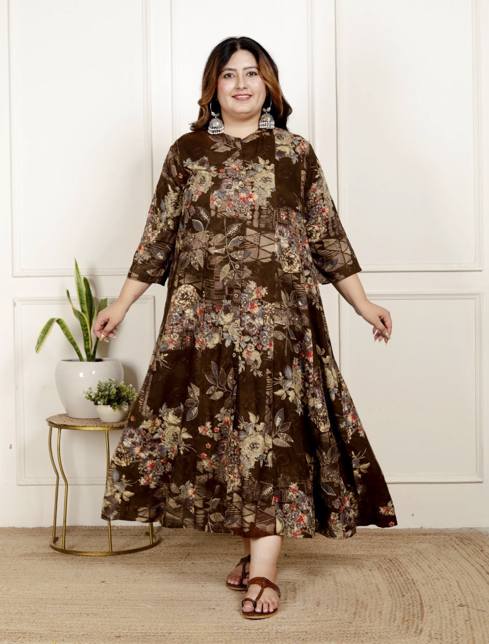 Plus Size Brown Cotton Blend  Goldn Print  Aline Kurta-4100061 Main image