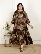 Plus Size Brown Cotton Blend  Goldn Print  Aline Kurta-4100061