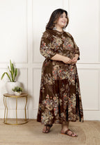 Plus Size Brown Cotton Blend  Goldn Print  Aline Kurta-4100061