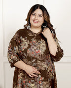 Plus Size Brown Cotton Blend  Goldn Print  Aline Kurta-4100061