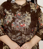 Plus Size Brown Cotton Blend  Goldn Print  Aline Kurta-4100061