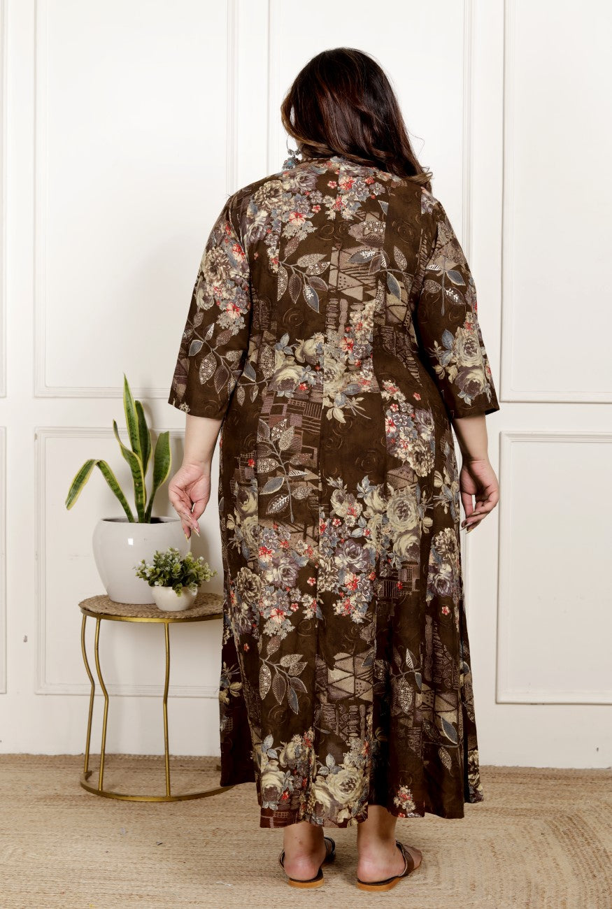 Plus Size Brown Cotton Blend  Goldn Print  Aline Kurta-4100061