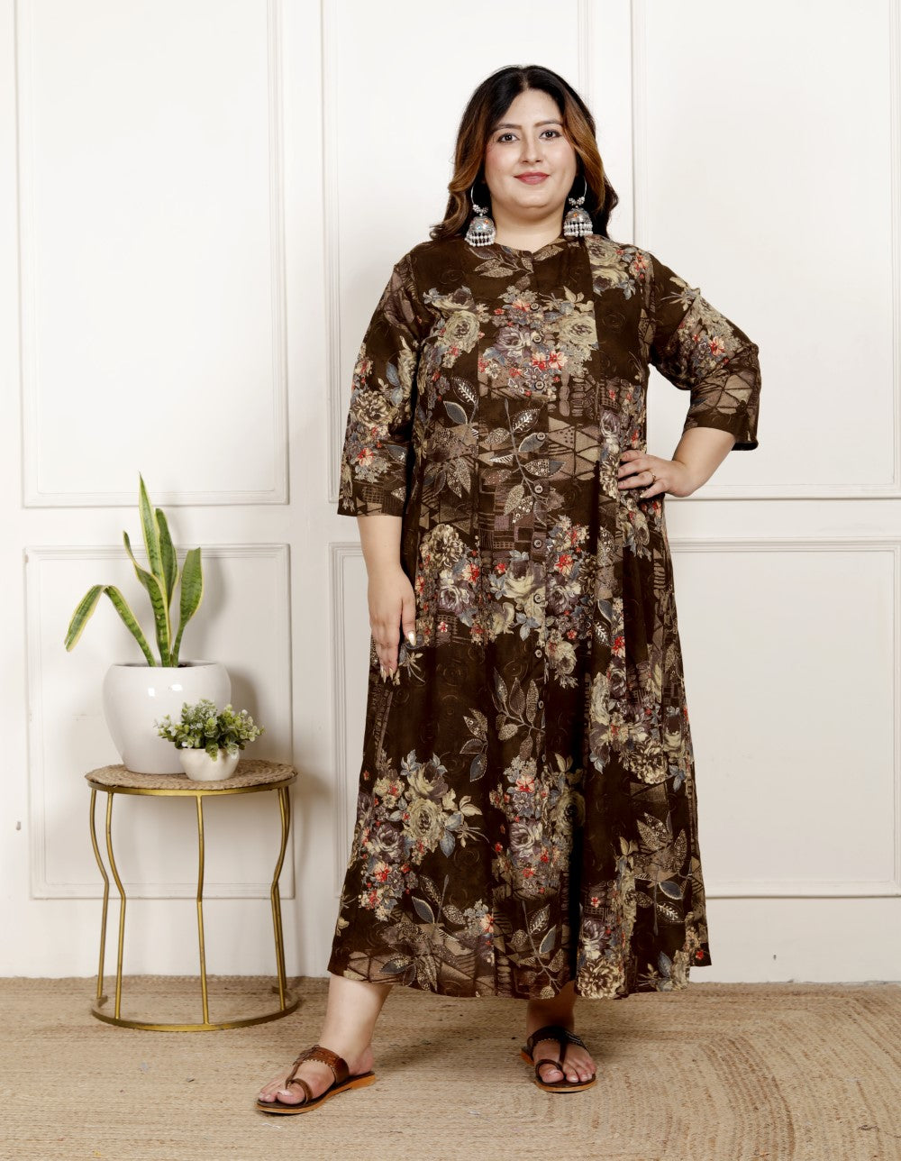 Plus Size Brown Cotton Blend  Goldn Print  Aline Kurta-4100061