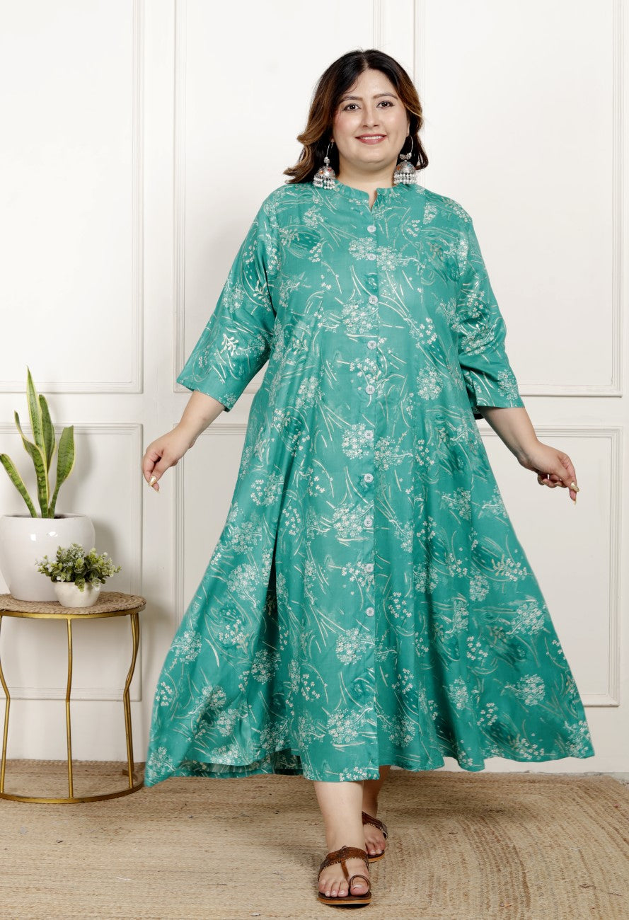 Plus Size Rama Green Cotton Blend  Goldn Print  Aline Kurta-4100062 Secondary image