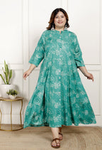 Plus Size Rama Green Cotton Blend  Goldn Print  Aline Kurta-4100062